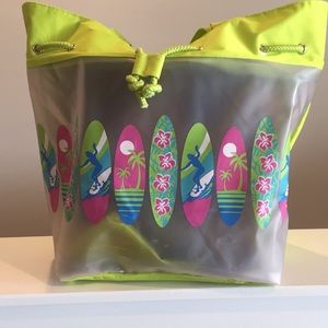 Large surfboard print green beach tote